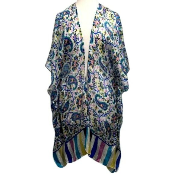 Soft Surroundings Duster 100% Silk Paisley Striped Ruana Kimono S/M Resort - Picture 3 of 8